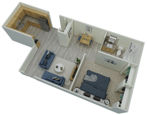 3D 1-bed, 1-bath 750 sqft floor plan at Mountainside Apartments in Birmingham, AL